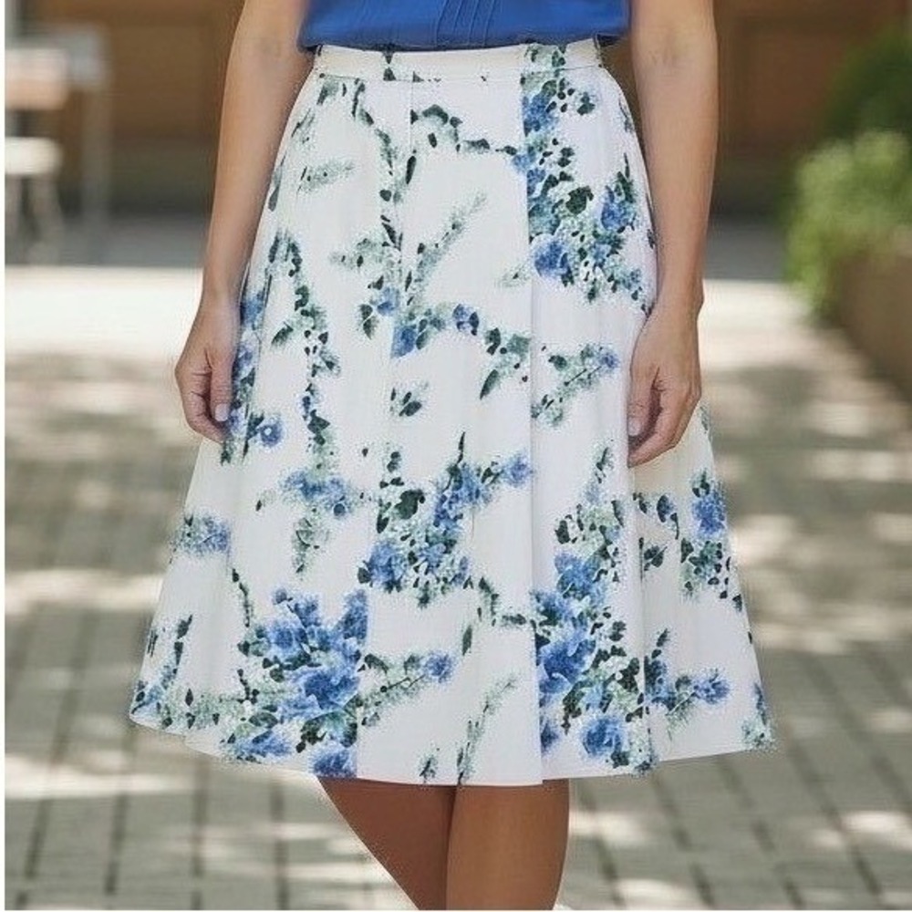 Vintage Ann Taylor 100% Silk Pleated A-Line Skirt 4 Ivory Green Blue Floral Knee